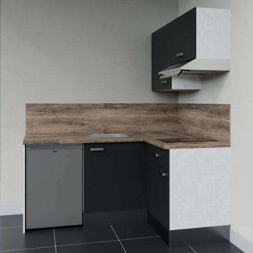 Kitchenette D'angle Ka02l-pt-façade Noir-plan Bois-evier Inox-crédences Oui+electro Inox