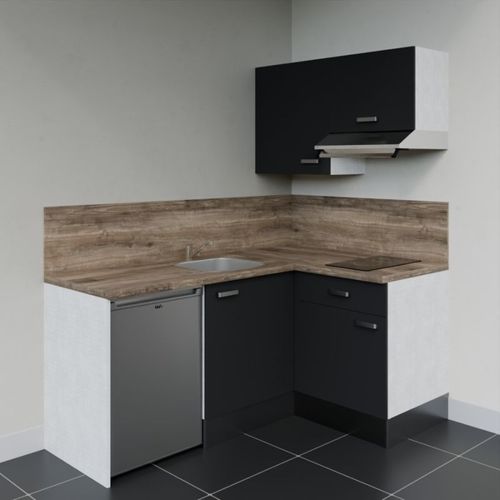Kitchenette D'angle Ka02l-pt-façade Noir-plan Bois-evier Inox-crédences Oui+electro Inox