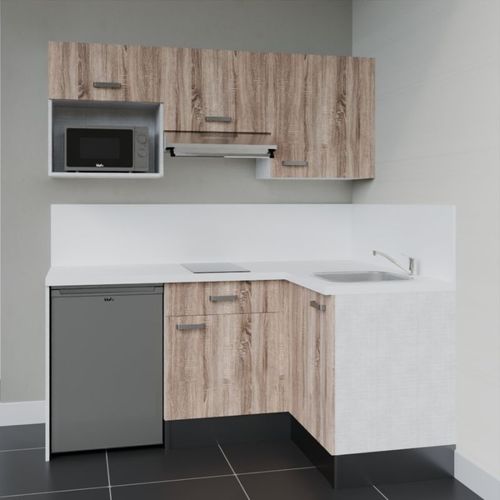 Kitchenette D'angle Ka03l-pt-façade Bois-plan Blanc-evier Inox-crédences Oui+electro Inox