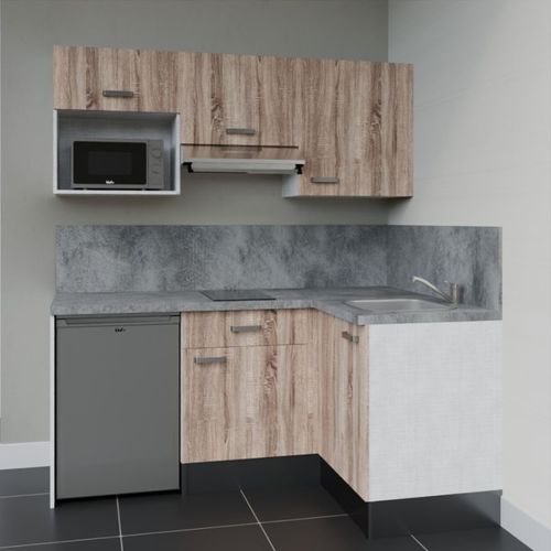 Kitchenette D'angle Ka03l-pt-façade Bois-plan Gris Béton-evier Inox-crédences Oui+electro Inox