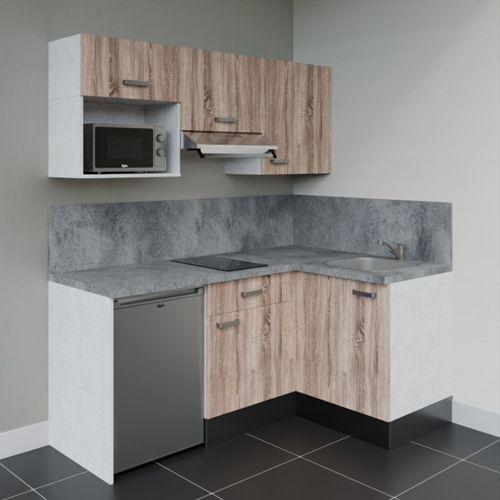 Kitchenette D'angle Ka03l-pt-façade Bois-plan Gris Béton-evier Inox-crédences Oui+electro Inox