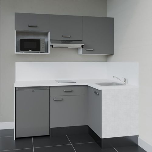 Kitchenette D'angle Ka03l-pt-façade Gris-plan Blanc-evier Inox-crédences Oui+electro Inox