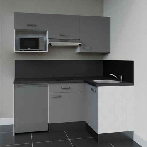 Kitchenette D'angle Ka03l-pt-façade Gris-plan Noir Texturé-evier Inox-crédences Oui+electro Inox