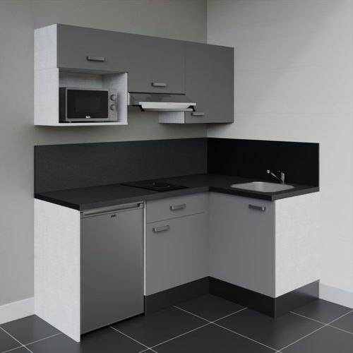 Kitchenette D'angle Ka03l-pt-façade Gris-plan Noir Texturé-evier Inox-crédences Oui+electro Inox