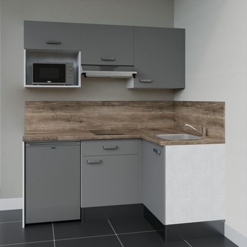 Kitchenette D'angle Ka03l-pt-façade Gris-plan Bois-evier Inox-crédences Oui+electro Inox