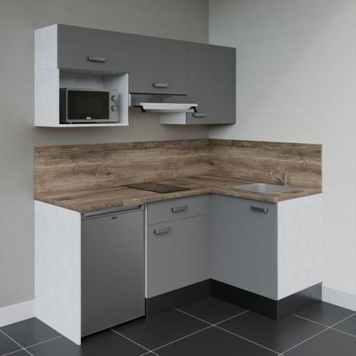 Kitchenette D'angle Ka03l-pt-façade Gris-plan Bois-evier Inox-crédences Oui+electro Inox