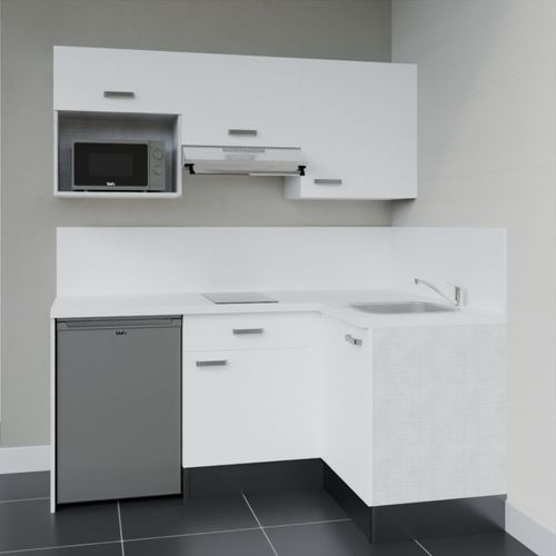 Kitchenette D'angle Ka03l-pt-façade Blanc-plan Blanc-evier Inox-crédences Oui+electro Inox