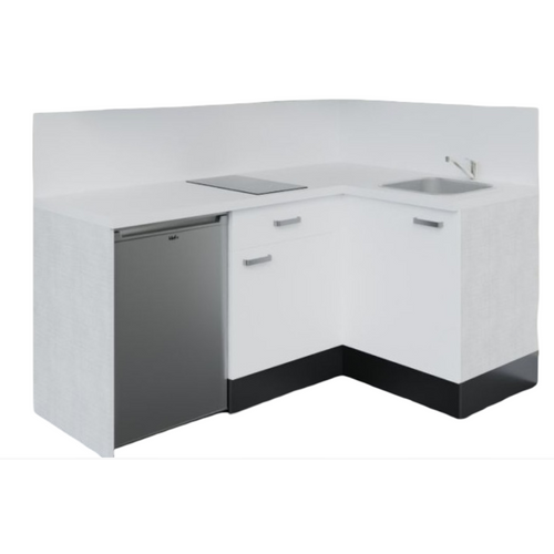 Kitchenette D'angle Ka03l-pt-façade Blanc-plan Blanc-evier Inox-crédences Oui+electro Inox