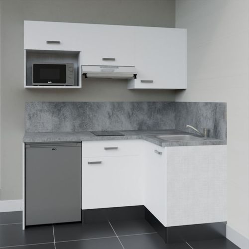 Kitchenette D'angle Ka03l-pt-façade Blanc-plan Gris Béton-evier Inox-crédences Oui+electro Inox