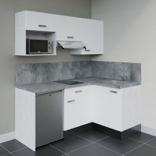 Kitchenette D'angle Ka03l-pt-façade Blanc-plan Gris Béton-evier Inox-crédences Oui+electro Inox