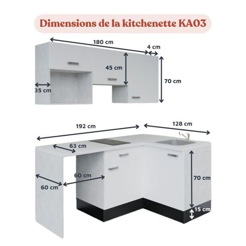 Kitchenette D'angle Ka03l-pt-façade Blanc-plan Noir Texturé-evier Inox-crédences Oui+electro Inox