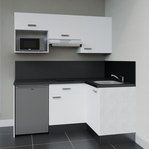 Kitchenette D'angle Ka03l-pt-façade Blanc-plan Noir Texturé-evier Inox-crédences Oui+electro Inox