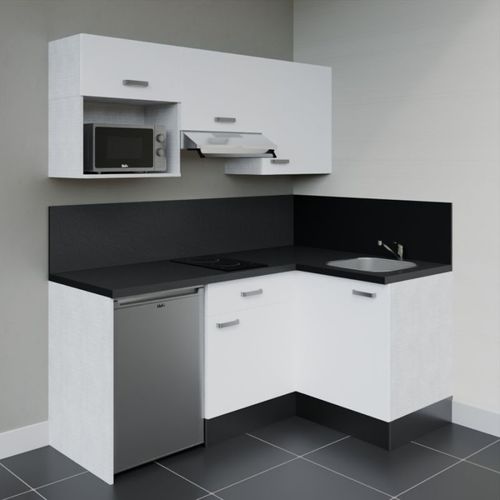 Kitchenette D'angle Ka03l-pt-façade Blanc-plan Noir Texturé-evier Inox-crédences Oui+electro Inox