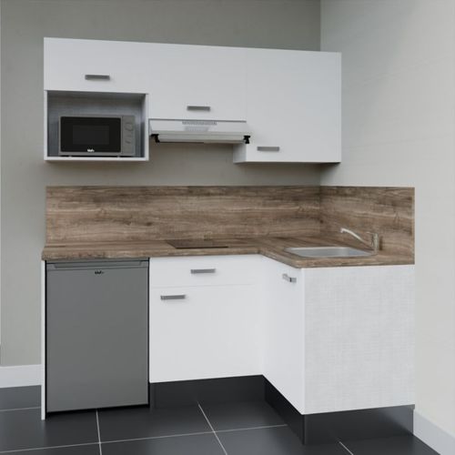 Kitchenette D'angle Ka03l-pt-façade Blanc-plan Bois-evier Inox-crédences Oui+electro Inox