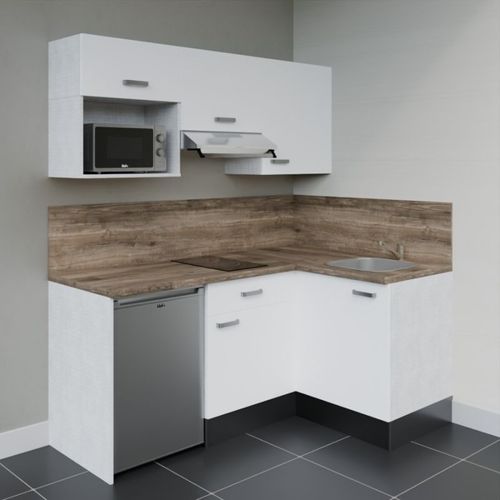 Kitchenette D'angle Ka03l-pt-façade Blanc-plan Bois-evier Inox-crédences Oui+electro Inox