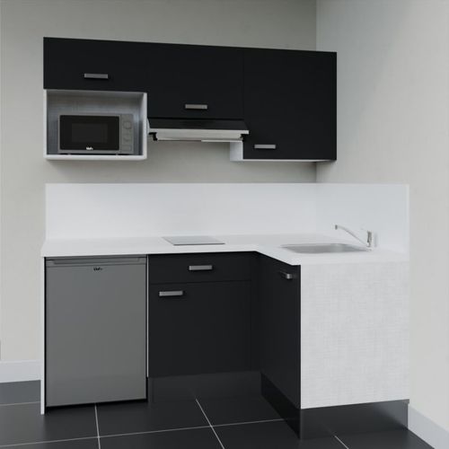 Kitchenette D'angle Ka03l-pt-façade Noir-plan Blanc-evier Inox-crédences Oui+electro Inox