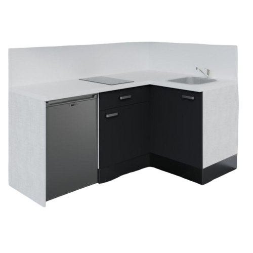 Kitchenette D'angle Ka03l-pt-façade Noir-plan Blanc-evier Inox-crédences Oui+electro Inox