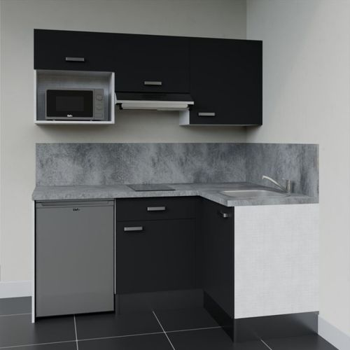 Kitchenette D'angle Ka03l-pt-façade Noir-plan Gris Béton-evier Inox-crédences Oui+electro Inox