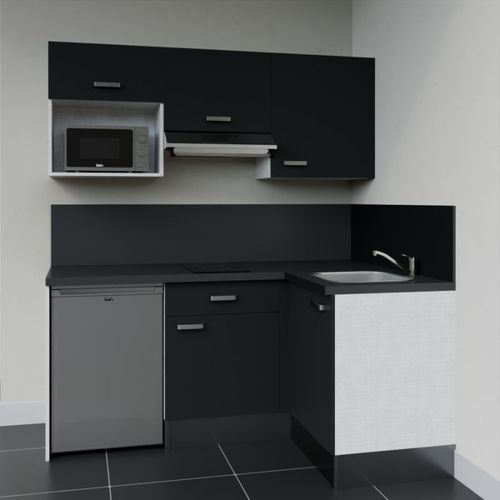 Kitchenette D'angle Ka03l-pt-façade Noir-plan Noir Texturé-evier Inox-crédences Oui+electro Inox