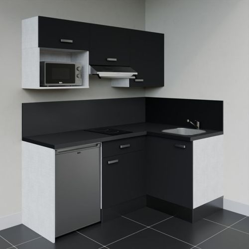 Kitchenette D'angle Ka03l-pt-façade Noir-plan Noir Texturé-evier Inox-crédences Oui+electro Inox