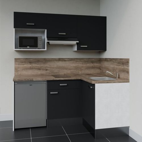 Kitchenette D'angle Ka03l-pt-façade Noir-plan Bois-evier Inox-crédences Oui+electro Inox