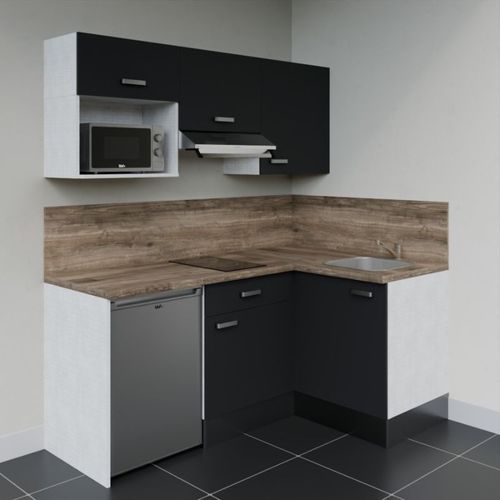 Kitchenette D'angle Ka03l-pt-façade Noir-plan Bois-evier Inox-crédences Oui+electro Inox