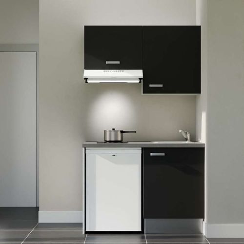 Kitchenette K01l-pt - 120 Cm-façade Noir-plan Gris Béton-evier Inox-crédences Non+electro Blanc