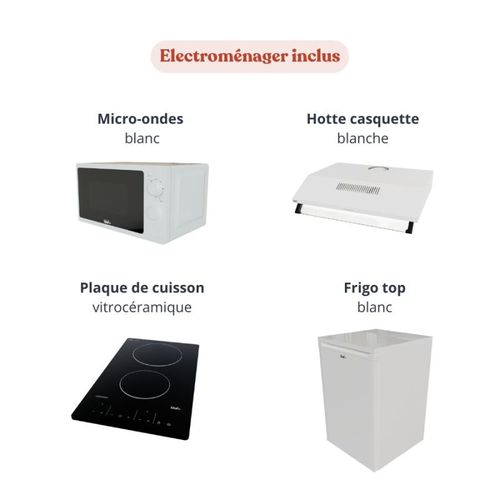 Kitchenette K02l-pt - 120 Cm-façade Noir-plan Blanc-evier Inox-crédences Non+electro Blanc