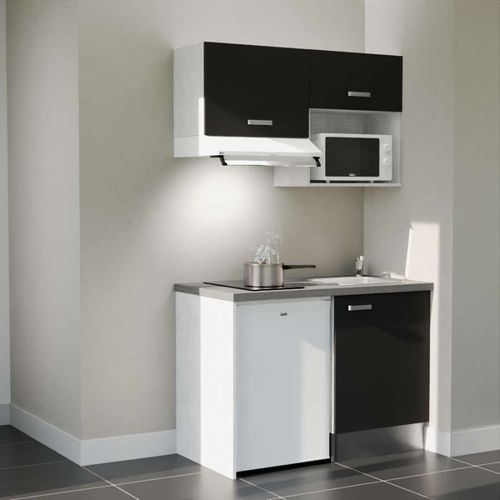 Kitchenette K02l-pt - 120 Cm-façade Noir-plan Gris Béton-evier Inox-crédences Non+electro Blanc