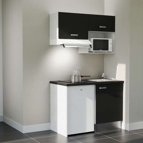 Kitchenette K02l-pt - 120 Cm-façade Noir-plan Noir Texturé-evier Inox-crédences Non+electro Blanc