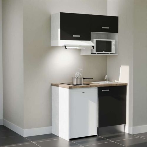 Kitchenette K02l-pt - 120 Cm-façade Noir-plan Bois-evier Inox-crédences Non+electro Blanc