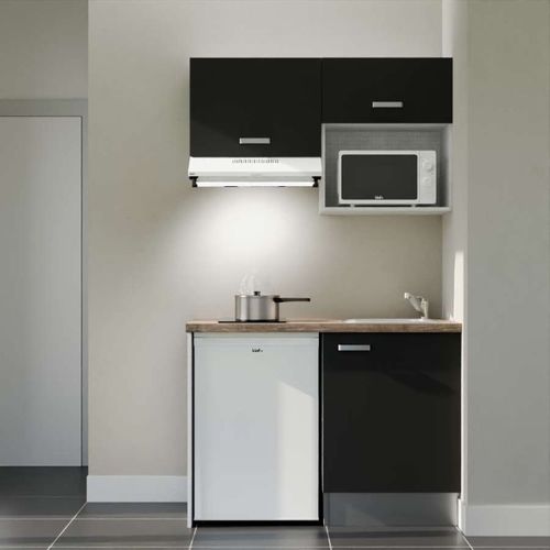 Kitchenette K02l-pt - 120 Cm-façade Noir-plan Bois-evier Inox-crédences Non+electro Blanc