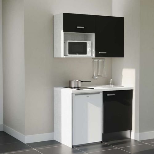 Kitchenette K07l-pt - 120 Cm-façade Noir-plan Blanc-evier Inox-crédences Non+electro Blanc