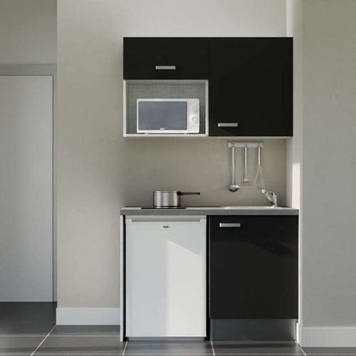 Kitchenette K07l-pt - 120 Cm-façade Noir-plan Gris Béton-evier Inox-crédences Non+electro Blanc