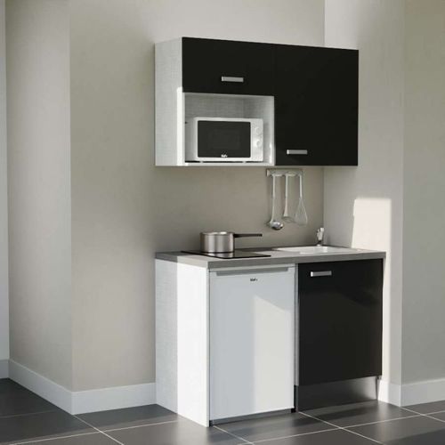 Kitchenette K07l-pt - 120 Cm-façade Noir-plan Gris Béton-evier Inox-crédences Non+electro Blanc