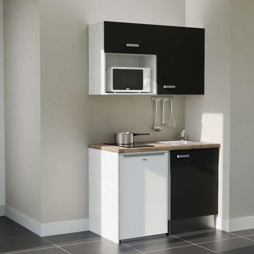 Kitchenette K07l-pt - 120 Cm-façade Noir-plan Bois-evier Inox-crédences Non+electro Blanc