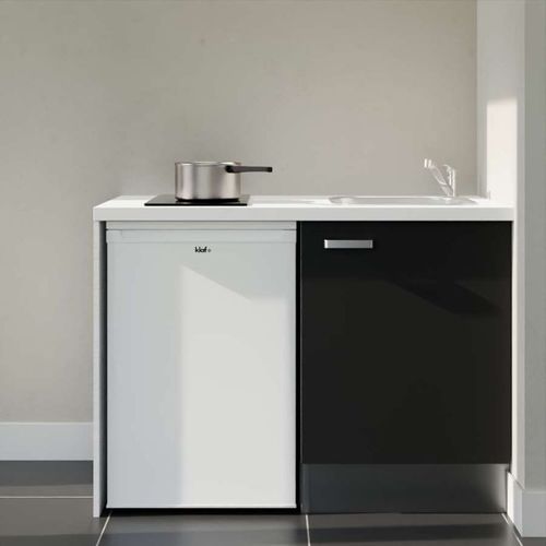Kitchenette K08l-pt - 120 Cm-façade Noir-plan Blanc-evier Inox-crédences Non+electro Blanc