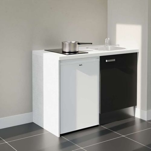 Kitchenette K08l-pt - 120 Cm-façade Noir-plan Blanc-evier Inox-crédences Non+electro Blanc
