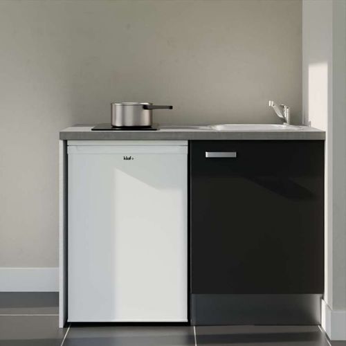 Kitchenette K08l-pt - 120 Cm-façade Noir-plan Gris Béton-evier Inox-crédences Non+electro Blanc