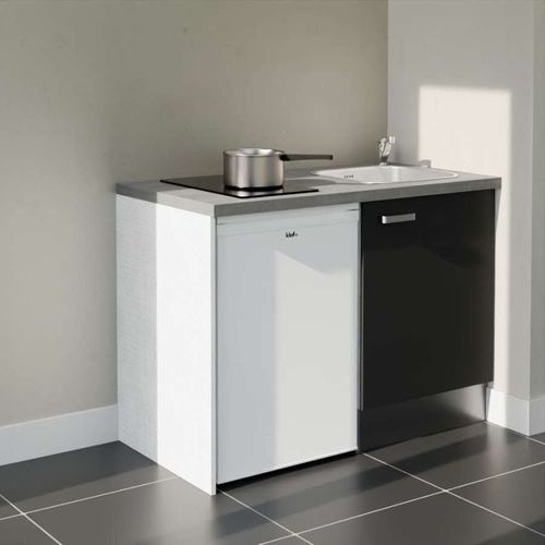 Kitchenette K08l-pt - 120 Cm-façade Noir-plan Gris Béton-evier Inox-crédences Non+electro Blanc