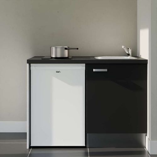 Kitchenette K08l-pt - 120 Cm-façade Noir-plan Noir Texturé-evier Inox-crédences Non+electro Blanc