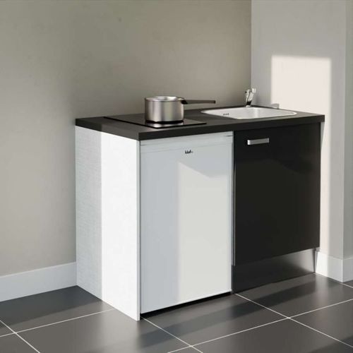 Kitchenette K08l-pt - 120 Cm-façade Noir-plan Noir Texturé-evier Inox-crédences Non+electro Blanc