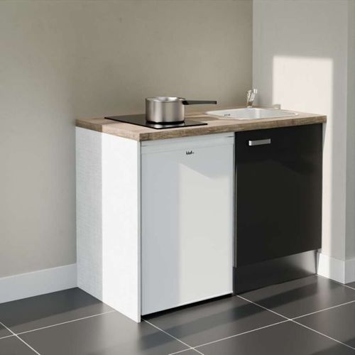 Kitchenette K08l-pt - 120 Cm-façade Noir-plan Bois-evier Inox-crédences Non+electro Blanc