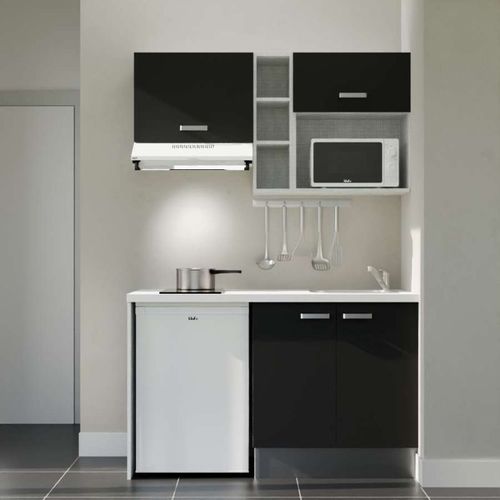 Kitchenette K13l-pt - 140 Cm-façade Noir-plan Blanc-evier Inox-crédences Non+electro Blanc