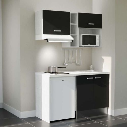 Kitchenette K13l-pt - 140 Cm-façade Noir-plan Blanc-evier Inox-crédences Non+electro Blanc