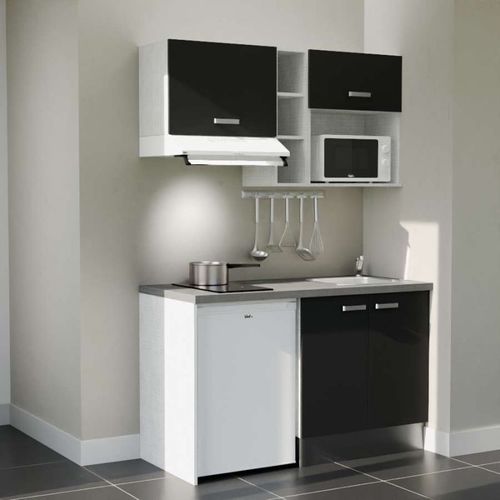Kitchenette K13l-pt - 140 Cm-façade Noir-plan Gris Béton-evier Inox-crédences Non+electro Blanc