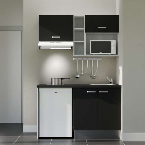 Kitchenette K13l-pt - 140 Cm-façade Noir-plan Noir Texturé-evier Inox-crédences Non+electro Blanc