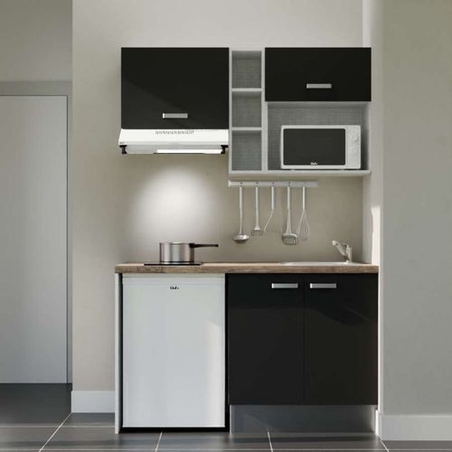 Kitchenette K13l-pt - 140 Cm-façade Noir-plan Bois-evier Inox-crédences Non+electro Blanc