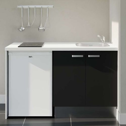 Kitchenette K17l-pt - 140 Cm-façade Noir-plan Blanc-evier Inox-crédences Non+electro Blanc