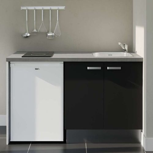 Kitchenette K17l-pt - 140 Cm-façade Noir-plan Gris Béton-evier Inox-crédences Non+electro Blanc